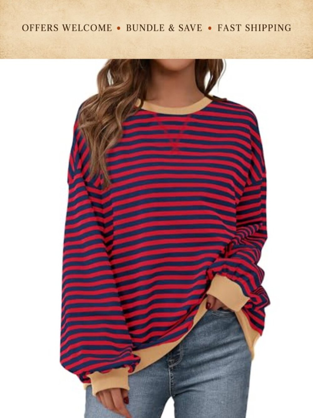 Oversized Striped Long Sleeve Crewneck Sweatshirt Loose Fit Casual